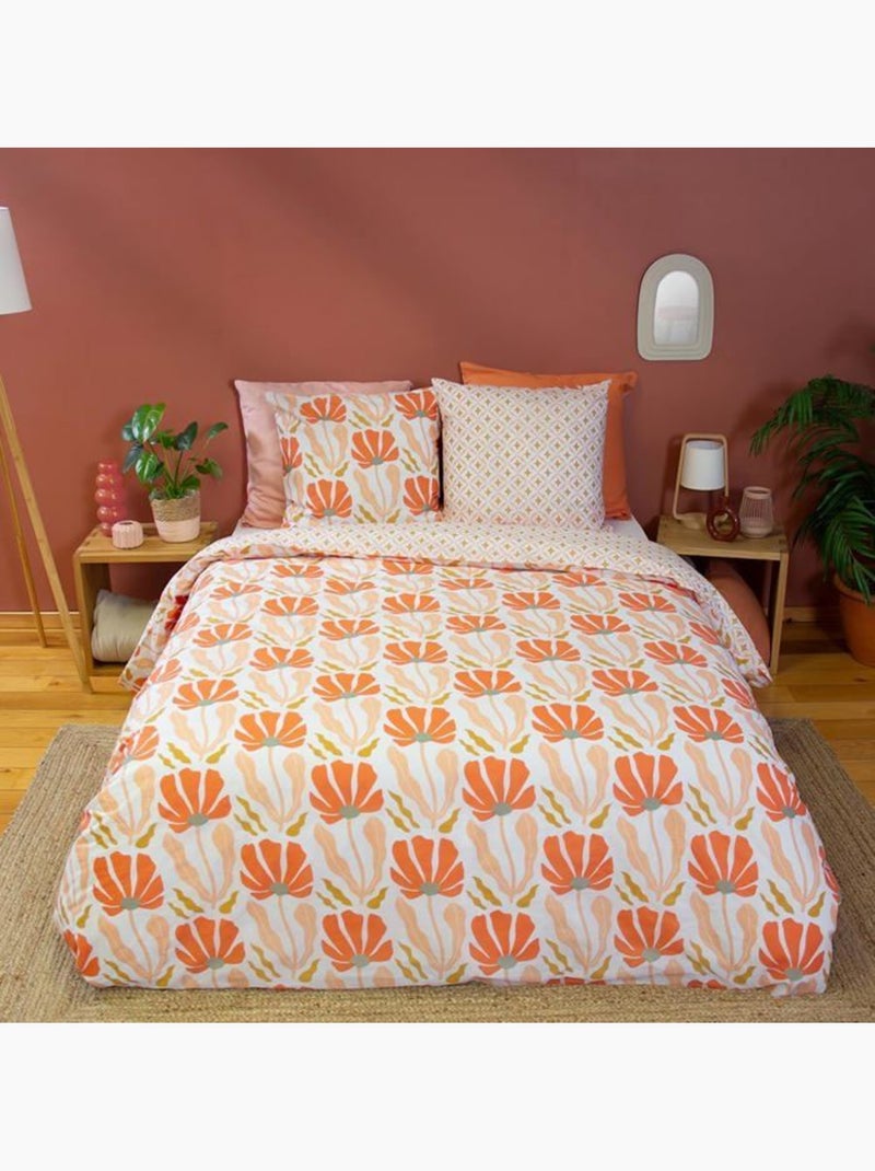 Parure de lit - côté déco - motifs géométriques et fleuris - 220 x 240 cm - 100% coton - rose Rose - Kiabi