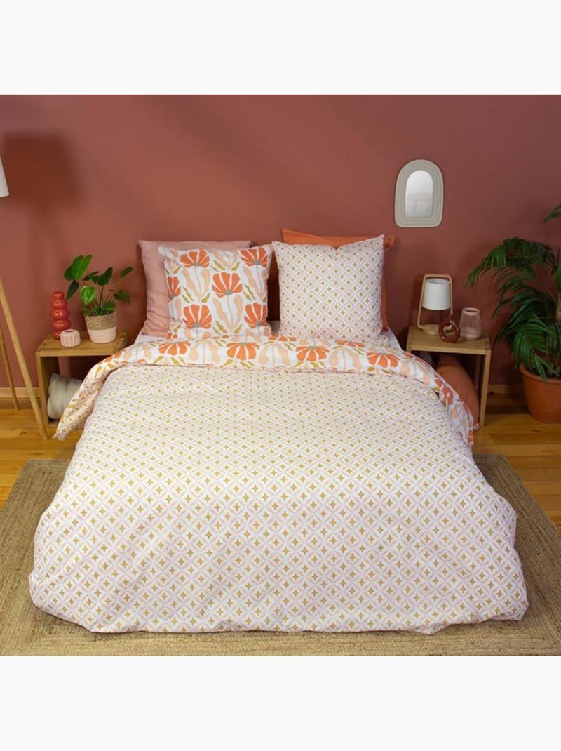 Parure de lit - côté déco - motifs géométriques et fleuris - 220 x 240 cm - 100% coton - rose Rose - Kiabi