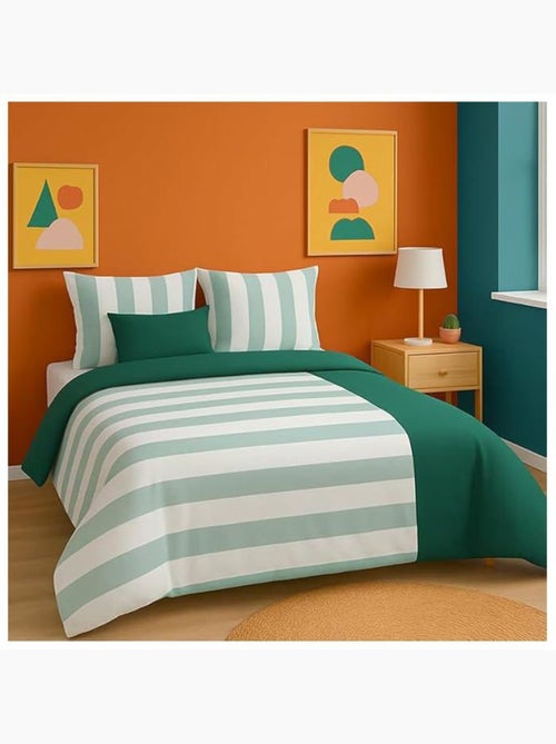 Parure de lit - côté déco - rayé vert et blanc - coton 100% - 220x240 cm - 2 taies 63x63 - Kiabi Parure de lit - côté déco - rayé vert et blanc - coton 100% - 220x240 cm - 2 taies 63x63 - Kiabi