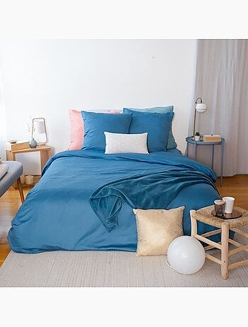 Parure de lit - cote deco - satin 100% coton - bleu indigo - 260x240 cm - 2 taies d'oreiller