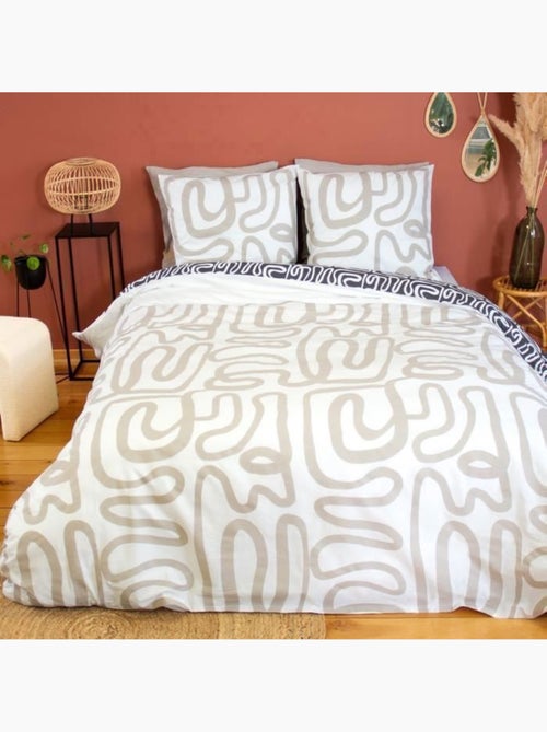 Parure de lit - housse de couette - 220x240 cm - 100% coton - géométrique réversible - beige noir - Kiabi Parure de lit - housse de couette - 220x240 cm - 100% coton - géométrique réversible - beige noir - Kiabi