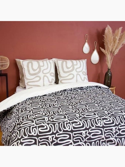 Parure de lit - housse de couette - 220x240 cm - 100% coton - géométrique réversible - beige noir - Kiabi Parure de lit - housse de couette - 220x240 cm - 100% coton - géométrique réversible - beige noir - Kiabi