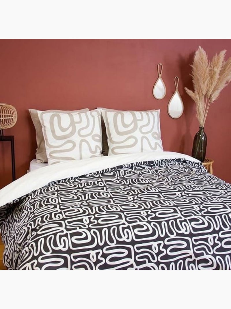 Parure de lit - housse de couette - 220x240 cm - 100% coton - géométrique réversible - beige noir Noir - Kiabi
