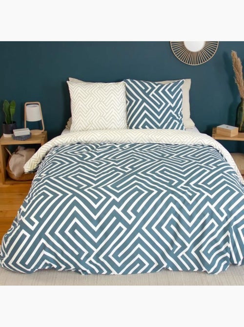 Parure de lit - housse de couette - 220x240 cm - 100% coton - motif géométrique - bleu blanc beige - Kiabi Parure de lit - housse de couette - 220x240 cm - 100% coton - motif géométrique - bleu blanc beige - Kiabi
