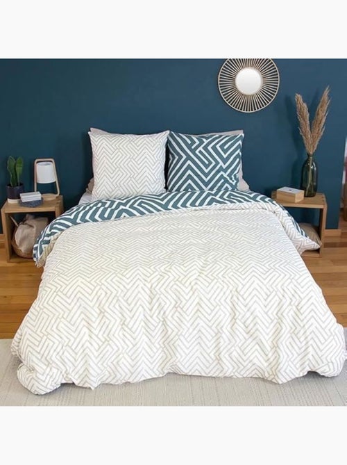 Parure de lit - housse de couette - 220x240 cm - 100% coton - motif géométrique - bleu blanc beige - Kiabi Parure de lit - housse de couette - 220x240 cm - 100% coton - motif géométrique - bleu blanc beige - Kiabi