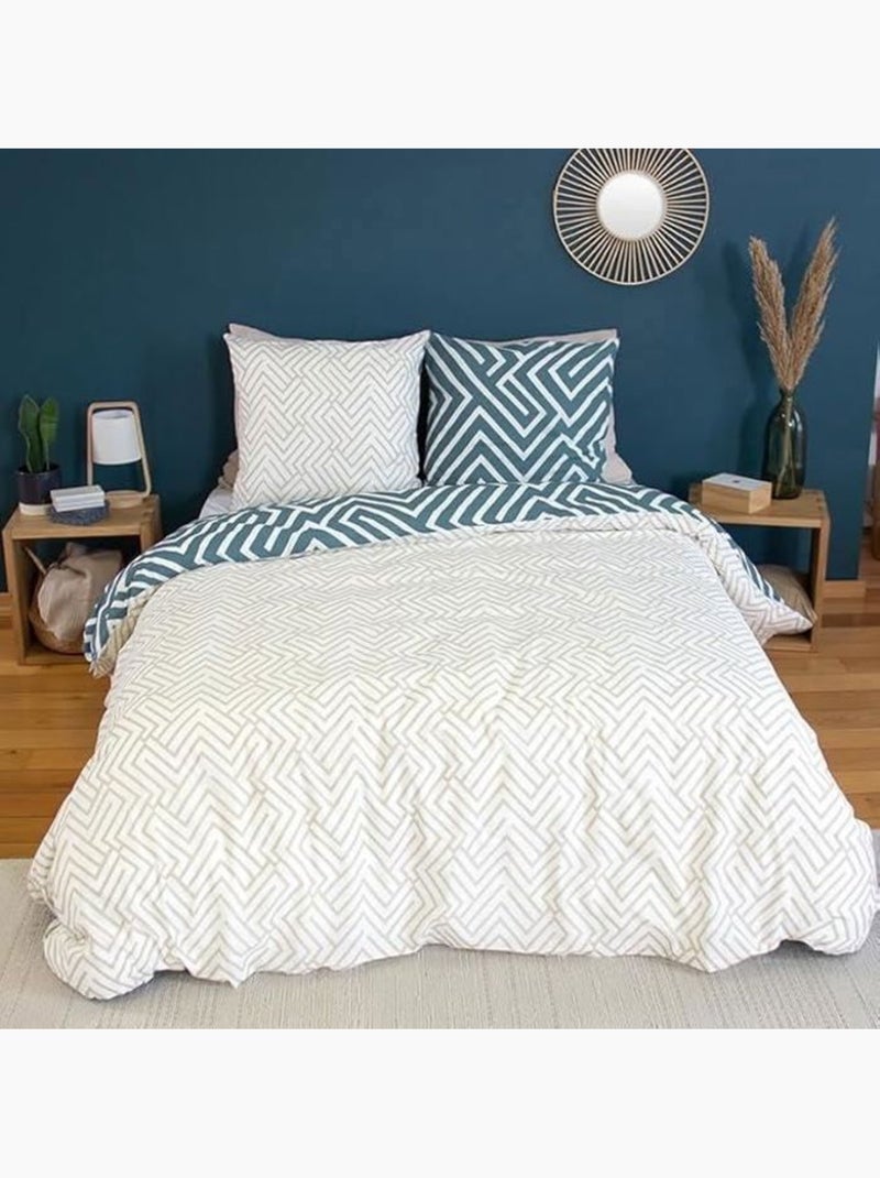 Parure de lit - housse de couette - 220x240 cm - 100% coton - motif géométrique - bleu blanc beige Bleu - Kiabi