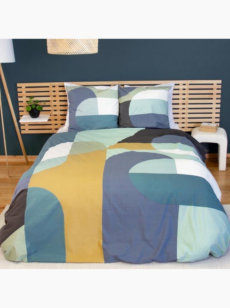 Parure de lit - housse de couette - 220x240 cm - 100% coton - motif géométrique - bleu, jaune Blanc/Jaune/Vert - Kiabi