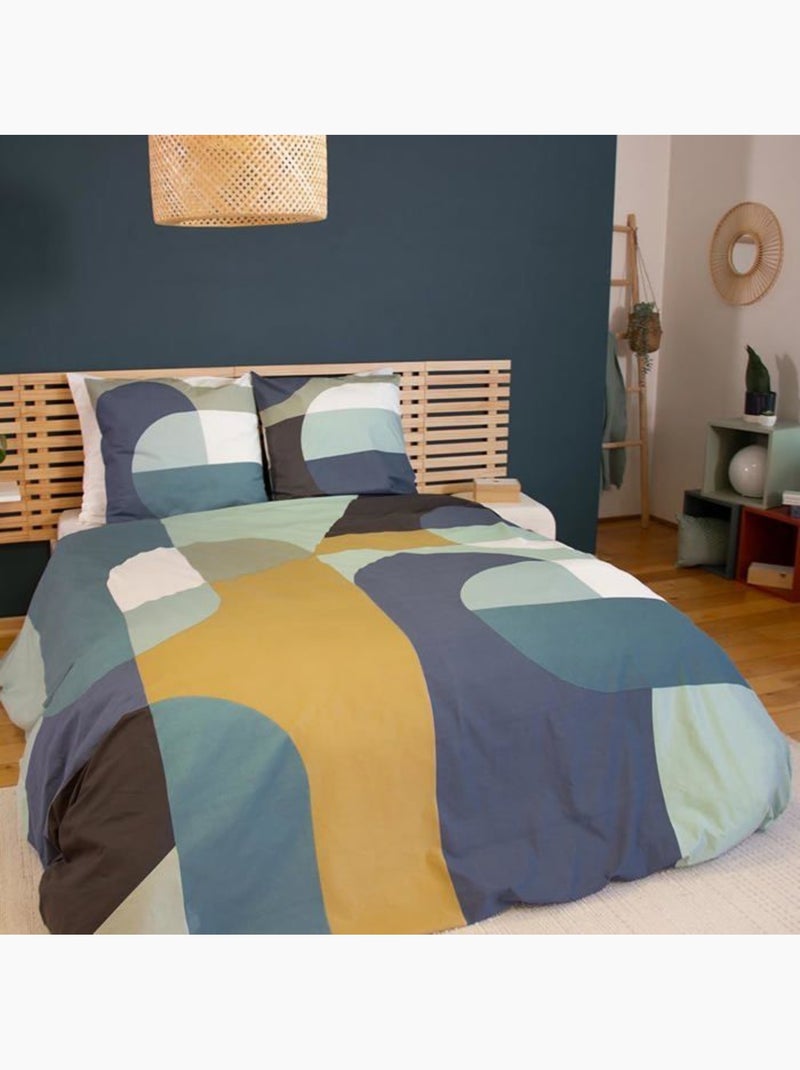 Parure de lit - housse de couette - 220x240 cm - 100% coton - motif géométrique - bleu, jaune Blanc/Jaune/Vert - Kiabi