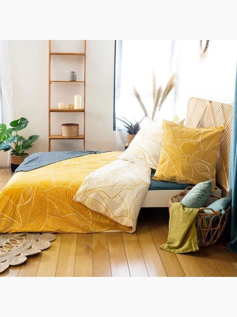 Parure de lit - nolie - 220x240 cm - 100% coton - réversible - motif tropical noir et jaune moutarde Jaune - Kiabi