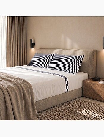 Parure de lit - the white stone - 175x200 cm - 100% coton - rayures bleu - drap-housse bonnet 28 cm