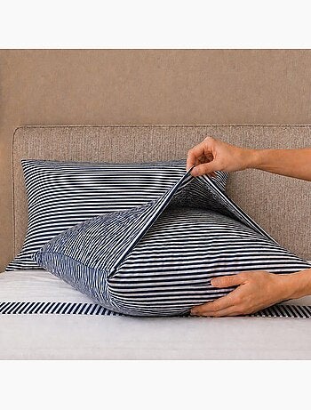 Parure de lit - the white stone - 175x200 cm - 100% coton - rayures bleu - drap-housse bonnet 28 cm