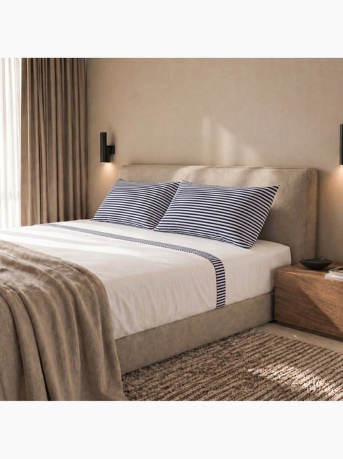 Parure de lit - the white stone - 175x200 cm - 100% coton - rayures bleu - drap-housse bonnet 28 cm - Kiabi Parure de lit - the white stone - 175x200 cm - 100% coton - rayures bleu - drap-housse bonnet 28 cm - Kiabi