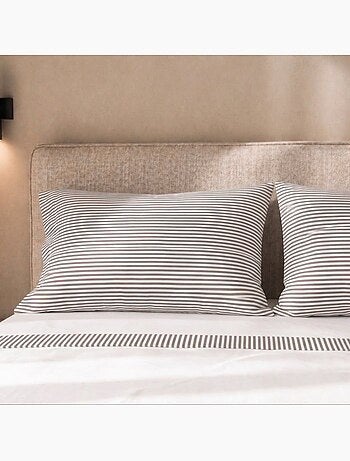 Parure de lit - the white stone - 175x200 cm - 100% coton - taupe rayé - drap‑housse 28 cm