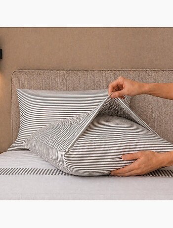 Parure de lit - the white stone - 175x200 cm - 100% coton - taupe rayé - drap‑housse 28 cm