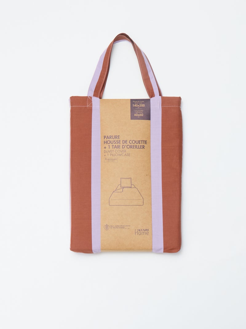 Parure de lit 1 personne (140 x 200cm) en coton 57 fils - Kiabi Home Marron/mauve rayé - Kiabi
