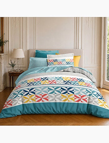 Parure de lit 100% coton motif géométrique, blueberry