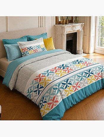 Parure de lit 100% coton motif géométrique, blueberry