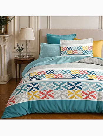 Parure de lit 100% coton motif géométrique, blueberry