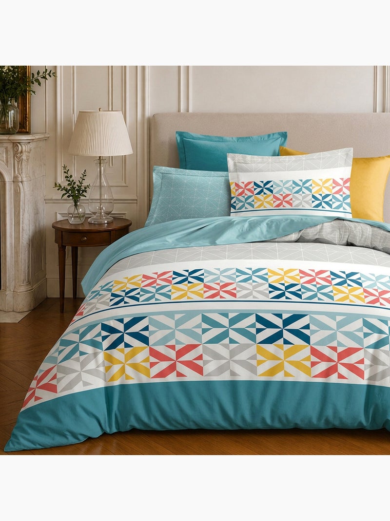 Parure de lit 100% coton motif géométrique, blueberry Turquoise - Kiabi