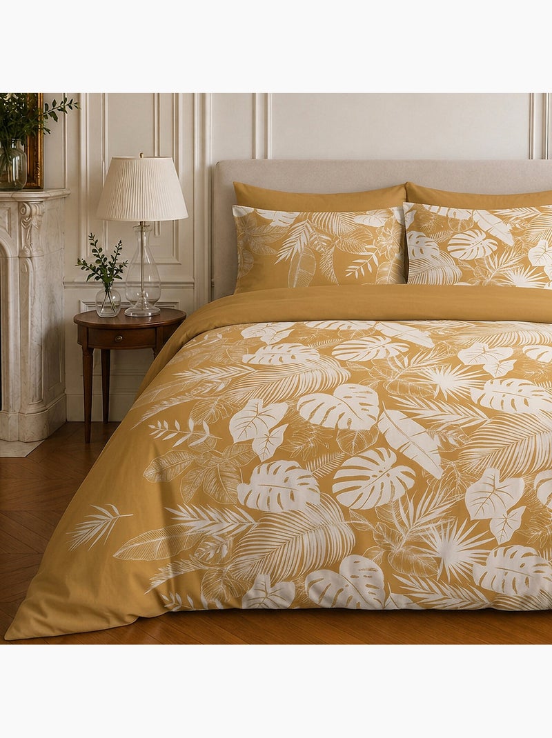 Parure de lit 100% coton motif tropical, leaves Ocre - Kiabi