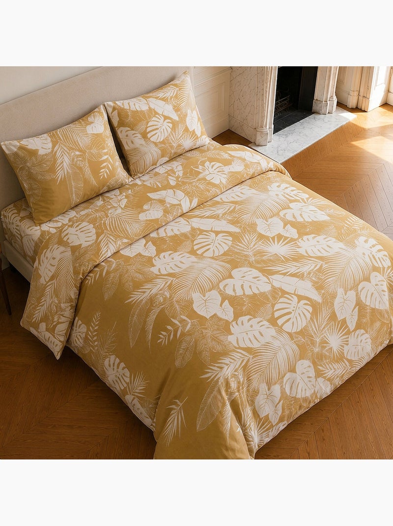 Parure de lit 100% coton motif tropical, leaves Ocre - Kiabi
