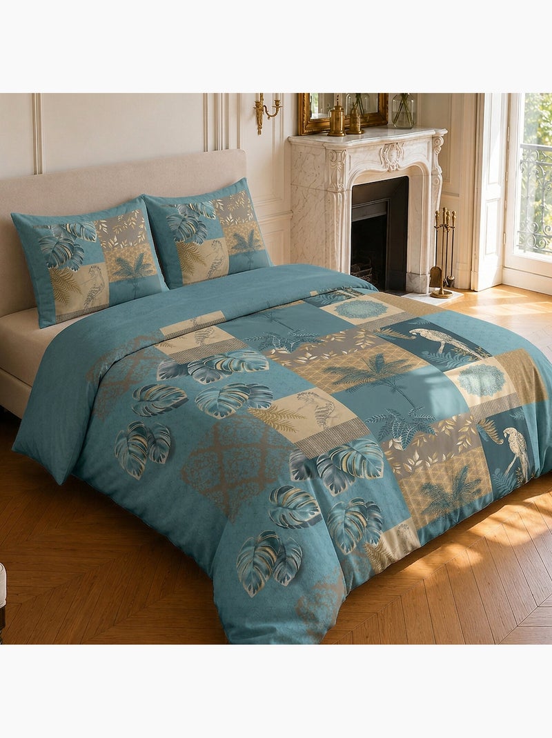 Parure de lit 100% coton motif tropical, suriname Bleu canard - Kiabi