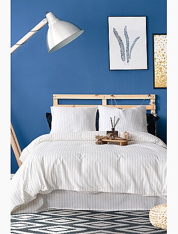 Parure de lit 100% coton tisse teint Bleu