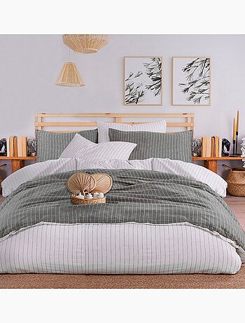 Parure de lit 100% coton tisse teint Kaki