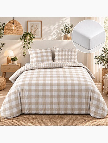 Parure de lit 100% coton victoire + drap housse 140 x 190 cm sable