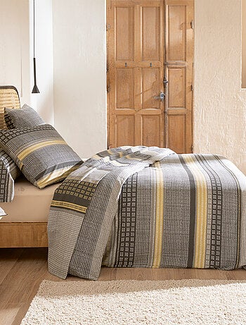 Parure de lit 100% flanelle de coton JULES gris/jaune