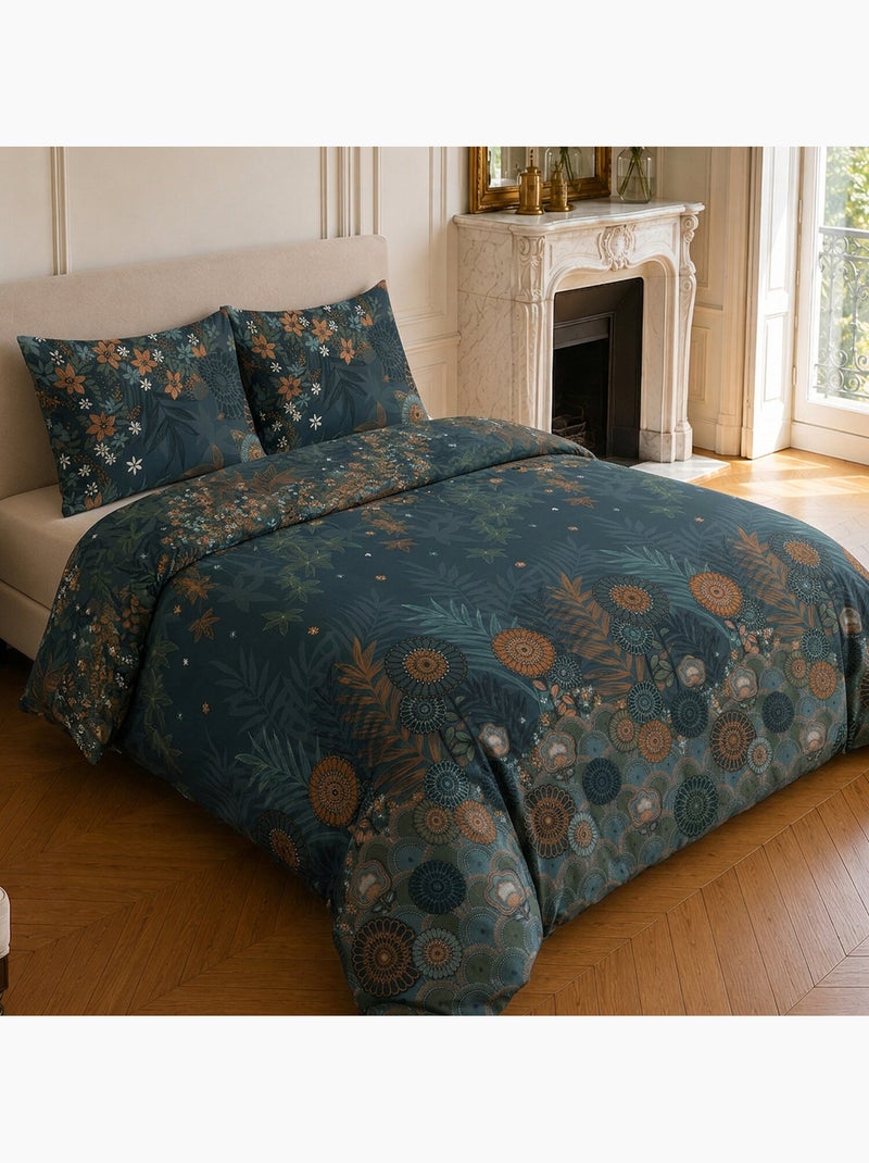 Parure de lit 100% microfibre motif floral, flower night Bleu nuit - Kiabi