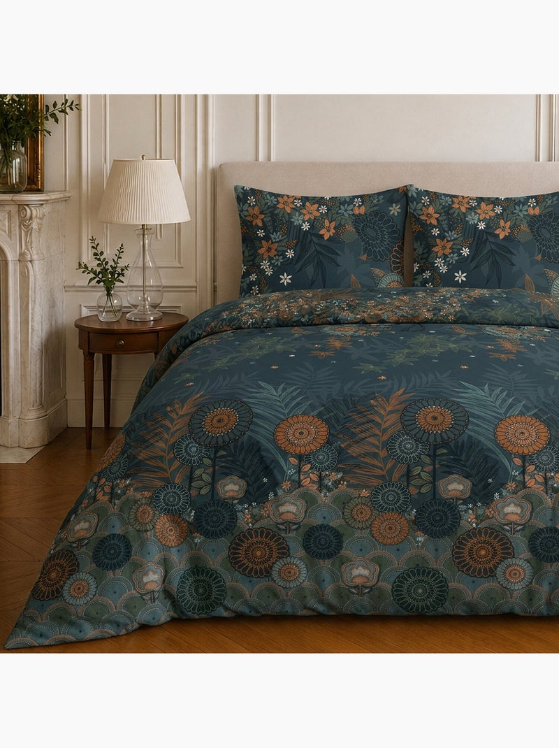 Parure de lit 100% microfibre motif floral, flower night Bleu nuit - Kiabi
