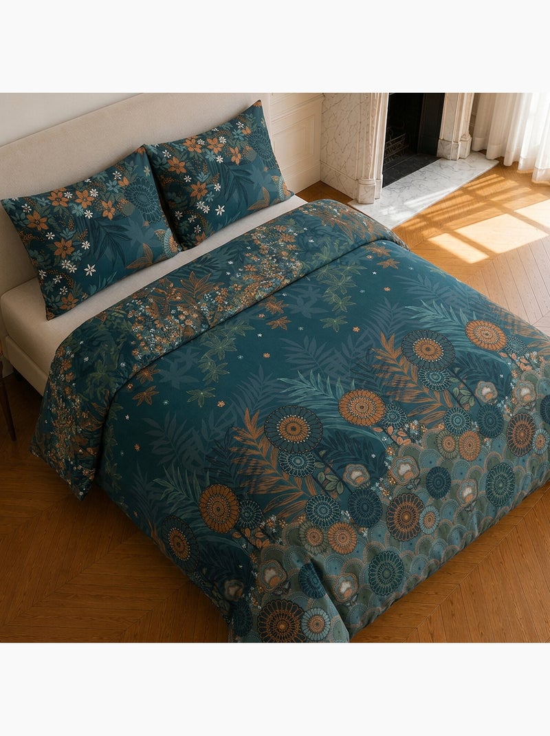 Parure de lit 100% microfibre motif floral, flower night Bleu nuit - Kiabi