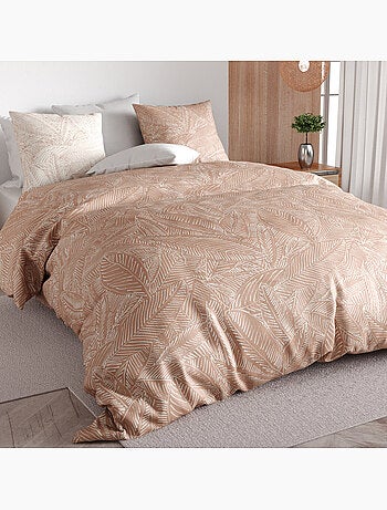 Parure de lit 100% percale de coton feuillages tropicales, ambre