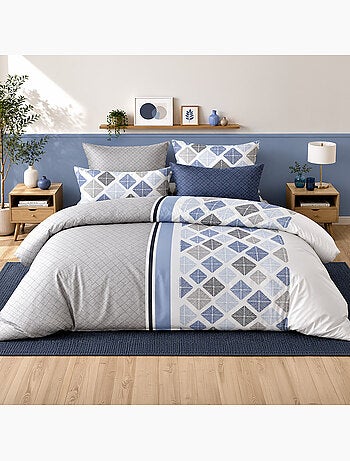 Parure de lit 100% percale de coton motif géo losanges, bluance