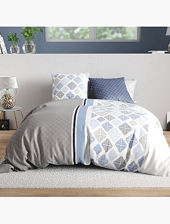 Parure de lit 100% percale de coton motif géo losanges, bluance