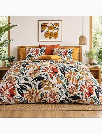 Parure de lit 100% percale de coton motif tropical feuillage, edonie