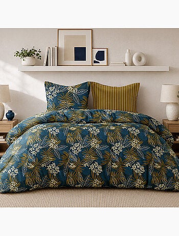 Parure de lit 100% percale de coton motif végétal tropical et floral, florilege