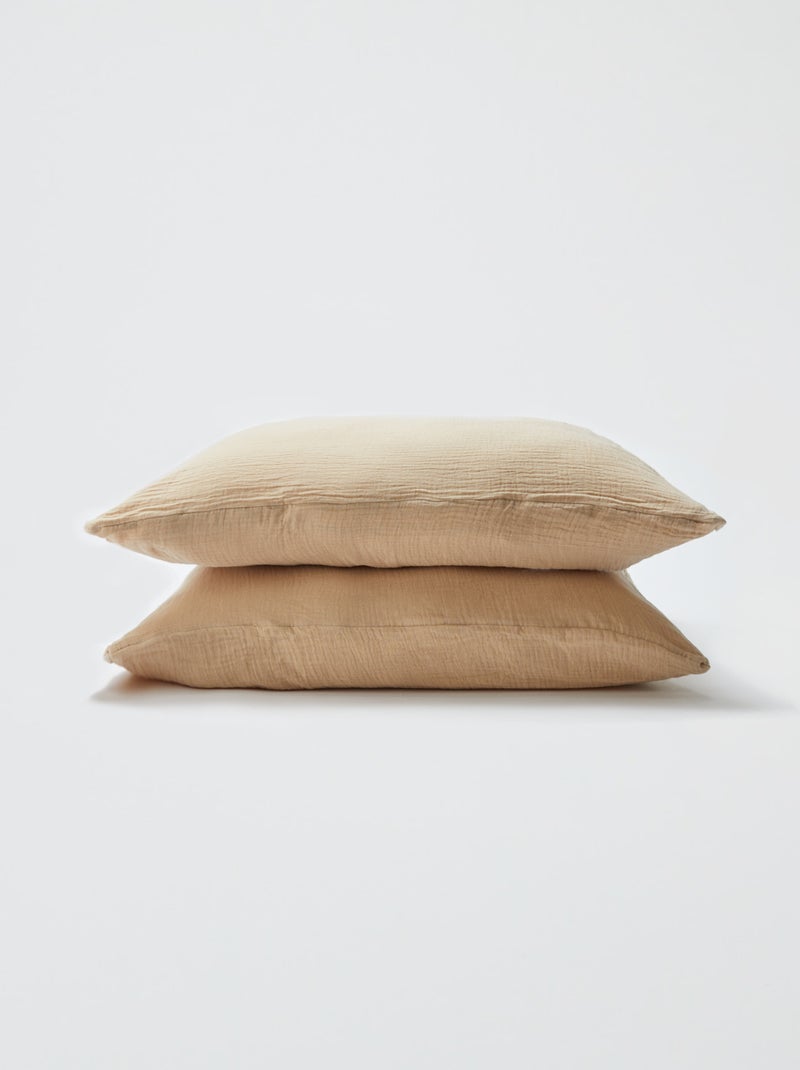 Housse De Couette Gaze De Coton 220x240 Cm + 2 Taies 63x63 Cm - Double Face, Beige, Légère Et Respirante
