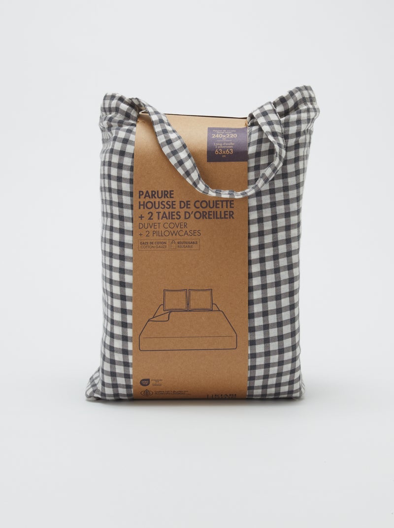 Parure de lit 2 personnes (240 x 220cm) en gaze de coton - Kiabi Home Vichy noir et blanc - Kiabi