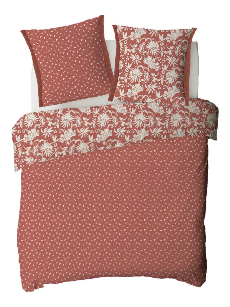 Parure de lit 2 personnes floral à franges en coton - Future Home Rouge brique - Kiabi