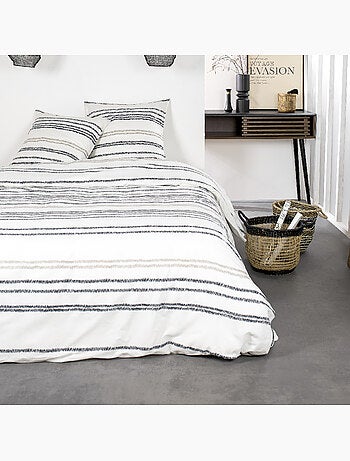 Parure de lit 2 personnes imprimé rayures coton SUNSHINE GILDA