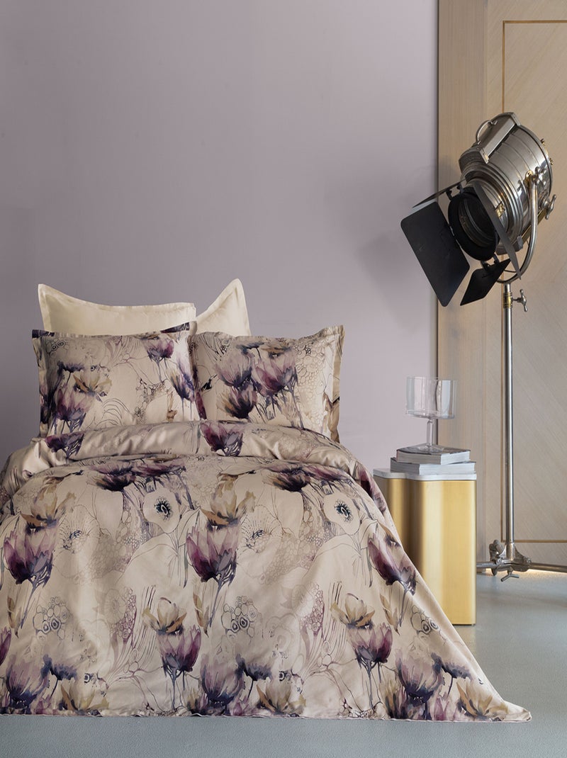 Parure de lit  2 personnes satin de coton imprimé Violet foncé - Kiabi