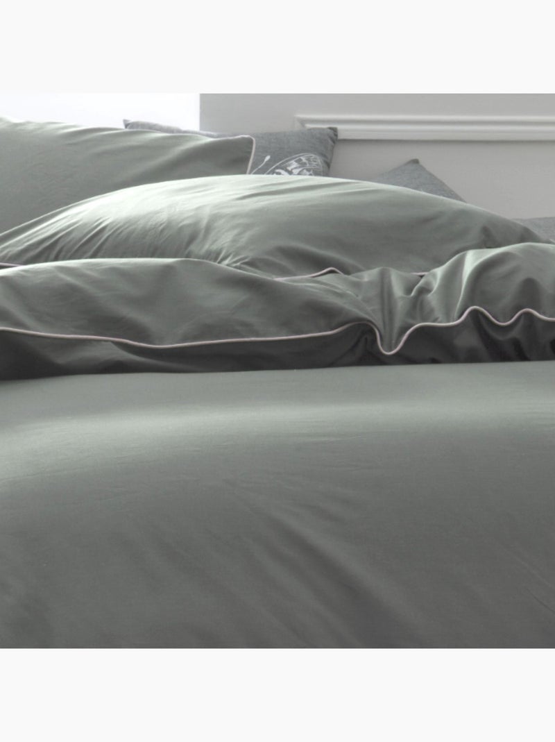 Parure de lit 2 personnes uni coton avec piping PRESTIGE Vert - Kiabi