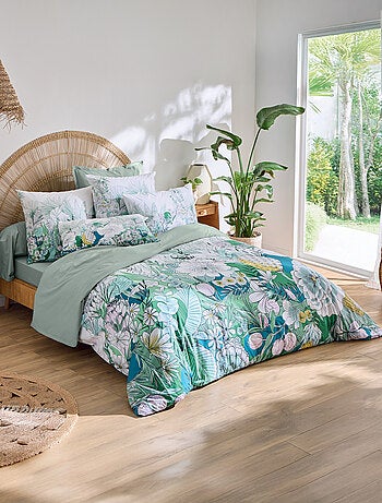 Parure de lit 2 pièces percale de coton feuillage exotique housse + taie