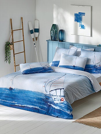 Parure de lit 2 pièces percale de coton voilier marin housse + taie