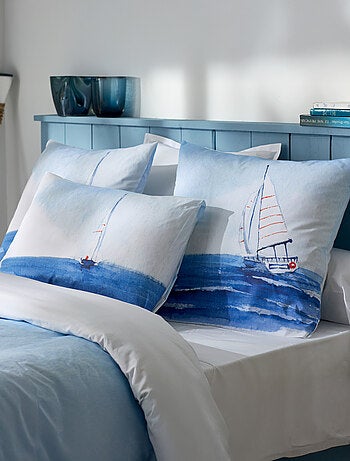 Parure de lit 2 pièces percale de coton voilier marin housse + taie