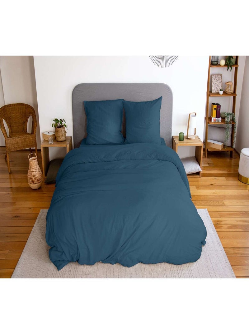 Parure de lit 2 places 100% microfibre lavée Bleu foncé - Kiabi