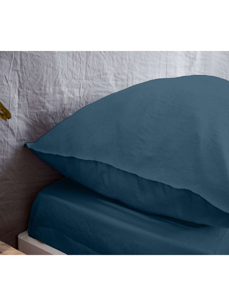 Parure de lit 2 places 100% microfibre lavée grande taille Bleu foncé - Kiabi