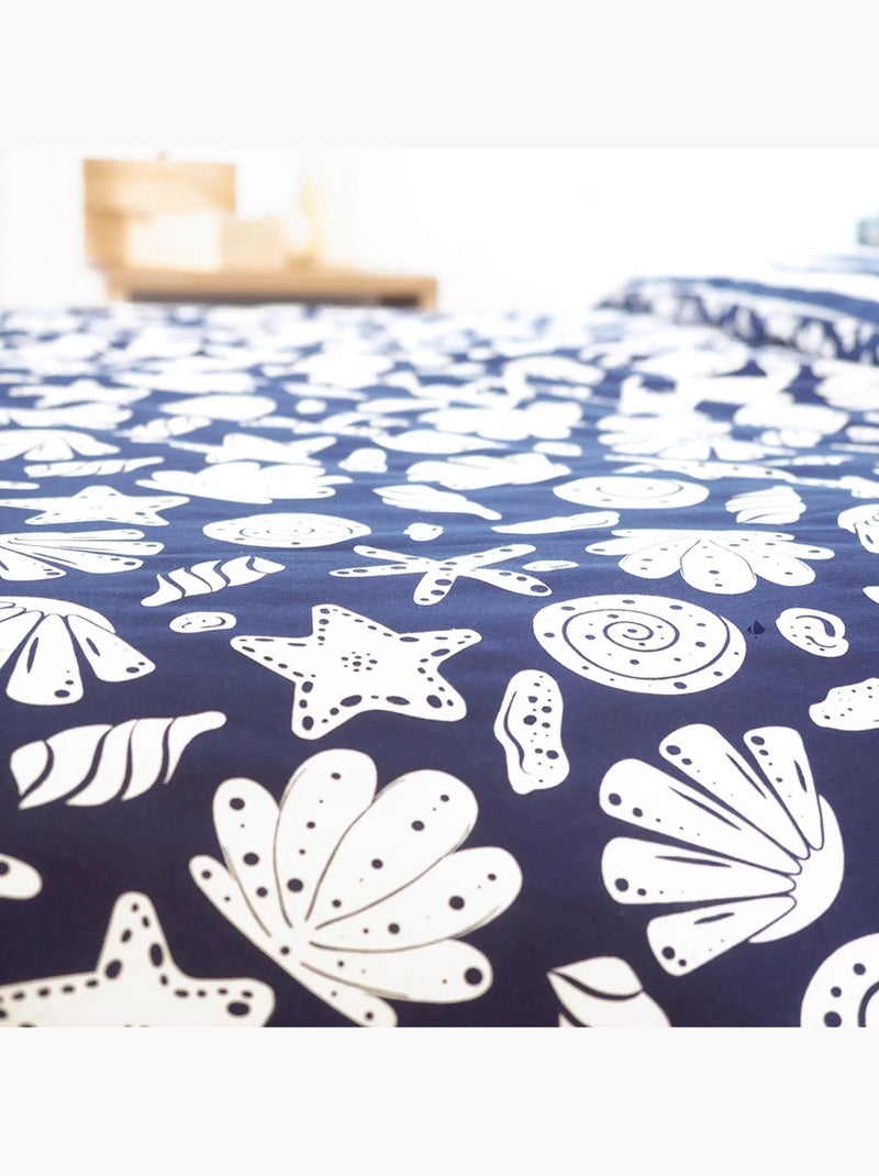 Parure de lit 2 places réversible en coton adouci motif bord de mer CROISIC Bleu foncé - Kiabi